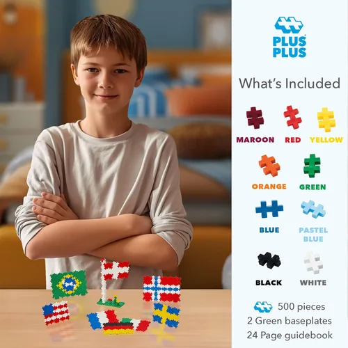 Vista 2 de Plus-Plus - Aprende a Construir - Banderas del Mundo - 500 Piezas, Juego de Construcción STEM/STEAM, Mini Bloques de Rompecabezas Interconectables