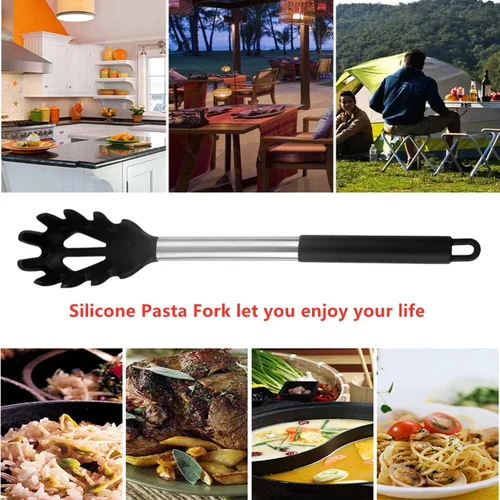 Vista 7 de Tenedor de silicona para pasta, cuchara de espagueti, para cocina, resistente al calor, cuchara de pasta de grado alimenticio con mango de acero