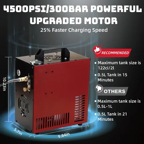 Vista 4 de Thunder - Compresor de aire PCP de 4500 psi, recarga de hasta 1.6 L, llenado rápido para pistolas de aire o tanque de paintball, apagado automático