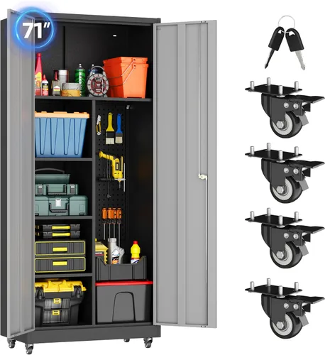 Vista 13 de Metal Garage Cabinet with 4 Wheels,4 Door Black Metal Storage with Lock,71" H Tool Storage Cabinets with Adjustable Shelves for Utility Negro
