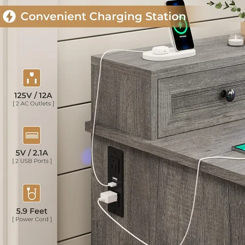 Vista 6 de BTHFST Escritorio ejecutivo estilo granja con cajón para archivos, escritorio para computadora con estación de carga y luces LED, escritorio de Gris
