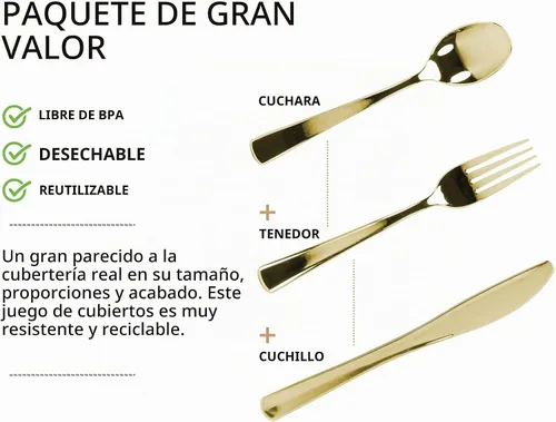 Vista 7 de Juego de cubiertos de plástico dorado, 160 unidades, cubiertos extra resistentes, cubiertos desechables, 80 tenedores, 40 cucharas, 40 cuchillos