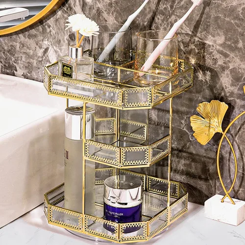 Vista 8 de ZOOFOX Organizador de maquillaje de vidrio giratorio de 360 grados, soporte grande de almacenamiento de cosméticos con ribete dorado para tocador