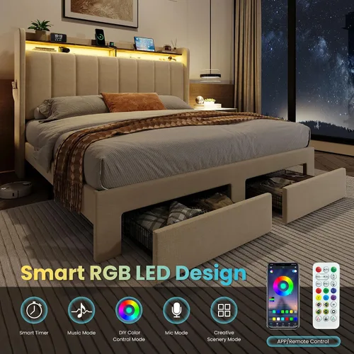 Vista 6 de SHA CERLIN Base de cama de plataforma de tamaño matrimonial con cabecera de canal vertical copetuda y 2 cajones de almacenamiento, estantes de 2