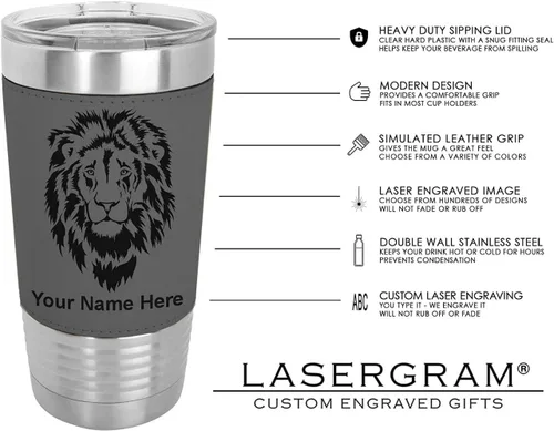Vista 6 de LaserGram Vaso aislado al vacío de 20 onzas, cabeza de caballo 1, grabado personalizado incluido (piel sintética, gris)