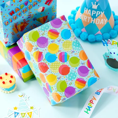 Vista 4 de PlandRichW Papel de regalo de cumpleaños, 4 divertidos diseños de fiesta, globos, arcoíris, cupcakes, confeti, plegado de 20 x 29 pulgadas, 12