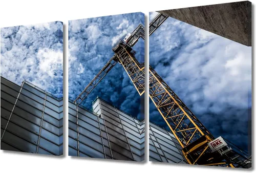 Vista 46 de TUMOVO Arte de pared con diseño de grúa para dormitorio, 3 piezas de grúa pesada al anochecer en un sitio de construcción, póster, pintura, arte