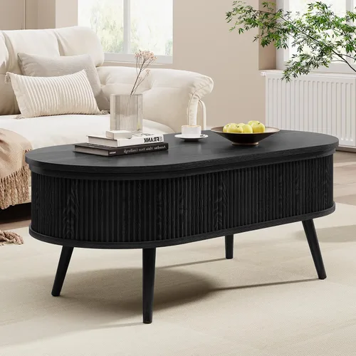 Vista 6 de Mesa auxiliar ovalada con almacenamiento, moderna mesa de centro acanalada con parte superior elevadora, mesas de centro pequeñas con Negro