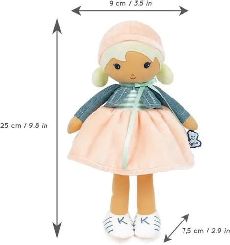 Vista 3 de Kaloo Tendresse My First Fabric Doll Chloe K - Figura de felpa suave mediana de 9.75 pulgadas en vestido de melocotón y rayas, chaqueta de mezclilla