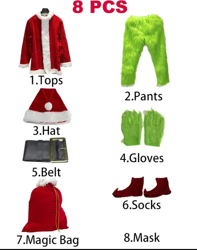 Vista 3 de Blafly Disfraz de Navidad para hombres, traje de Papá Noel para adultos, 8 piezas, monstruo grande peludo verde para Halloween, vacaciones, cosplay