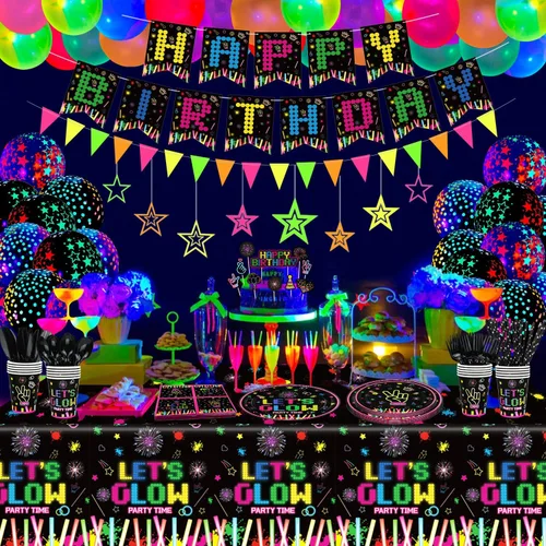 Vista 4 de 238 piezas de suministros de fiesta de neón que brillan en la oscuridad, decoraciones de fiesta de luz negra, juego de vajilla para fiesta, platos