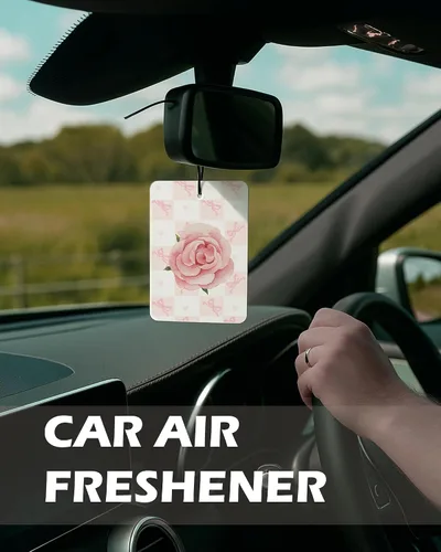 Vista 4 de Ambientador de Aire de Coche de Colonia Cristiana Floral Rosa 4 Piezas, Coquette Preppy Lazo Rosa Flor Colgante Ambientador de Aire para Coches Baño