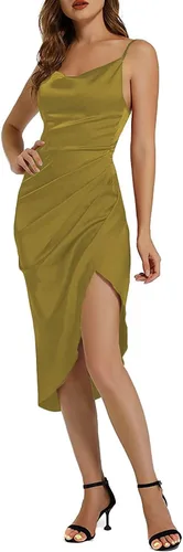 Vista 6 de LYANER Vestido midi de satén para mujer, fruncido, entallado, con tirantes delgados, para club, fiesta