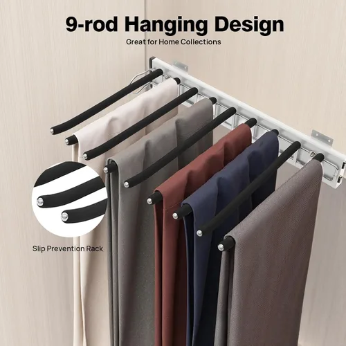 Vista 4 de Perchero extraíble para pantalones con 9 brazos, percha de acero para pantalones, perchero extraíble, riel extensible para ahorrar espacio
