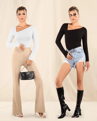 Vista 4 de MANGOPOP Women Asymmetrical Neck Long Sleeve Basic T shirt Thong Bodysuit Tops