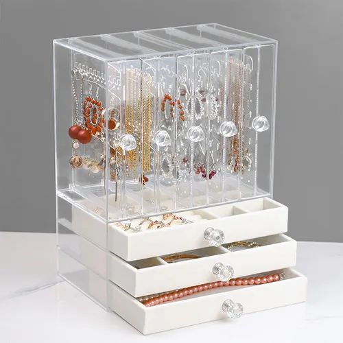 Vista 7 de Jenseits Acrylic Jewelry Holder, Clear Earring Organizer with 3 Drawers, Velvet Hanging Jewelry Stand Storage for Necklace Earrings Ring Bracelet