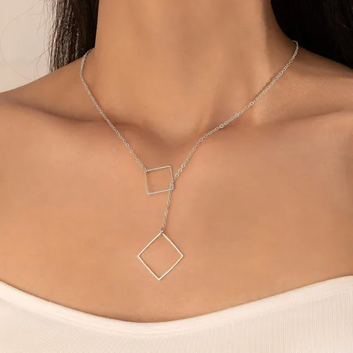 Vista 2 de YienDoo Collar cuadrado bohemio en Y con cadena de gargantilla cuadrada de plata, collar de lariat minimalista hueco cuadrado con dije de collar