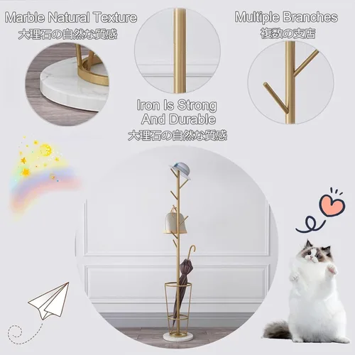 Vista 2 de Soporte de metal para paraguas con perchero, soporte para paraguas para entrada con base de mármol, perchero con soporte para paraguas, perchero