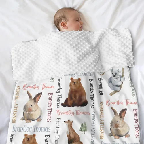 Vista 2 de Manta de bebé personalizada con nombre, manta de felpa de doble capa con respaldo punteado, manta de bebé niño recién nacido, suave animales