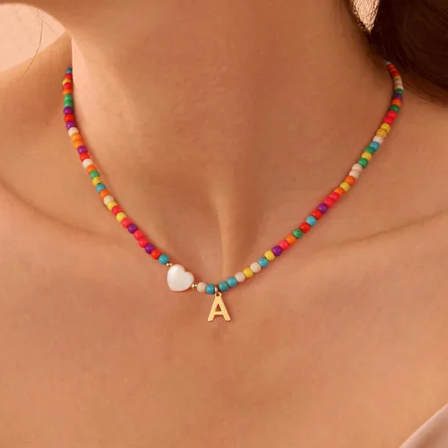 Vista 2 de Ursteel - Lindos collares coloridos con iniciales, gargantilla de cuentas de moda, regalo personalizado con iniciales para mujeres, adolescentes