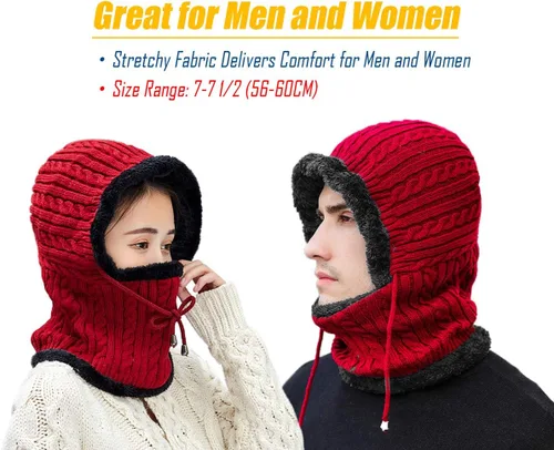Vista 3 de Gisdanchz Pasamontañas para hombre y mujer, de punto cálido, con capucha, elástico, con cordón, gorro grueso
