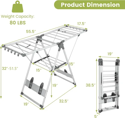 Vista 7 de Giantex Estante de secado de ropa, 2 capas de aluminio plegable con altura ajustable de 5 niveles, 21 rieles de secado, 10 clips laterales, 4