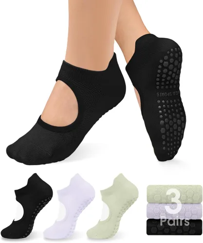 Vista 10 de Diu Life Paquete de 3 Calcetines de Pilates Yoga con Agarres para Mujeres, Antideslizantes, Entrenamiento, Pure Barre, Ballet, Danza, Calcetines
