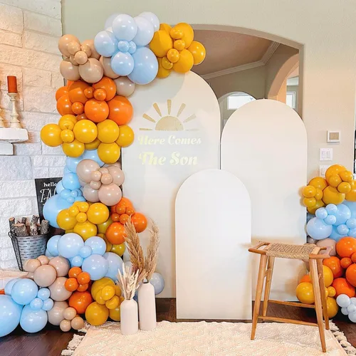 Vista 7 de Here Comes the Son - Kit de Guirnalda de Arco de Globos 147 Piezas Globos Boho Retro Azul Polvoriento Naranja Quemado Amarillo Mostaza para Baby