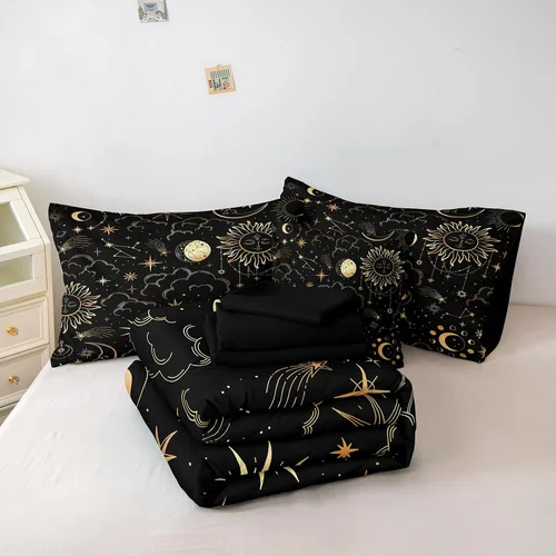 Vista 5 de Bedding_Dreamer Juego de ropa de cama Queen en una bolsa, diseño de sol y luna, espacio misterioso, decoración del hogar, edredón de plumón
