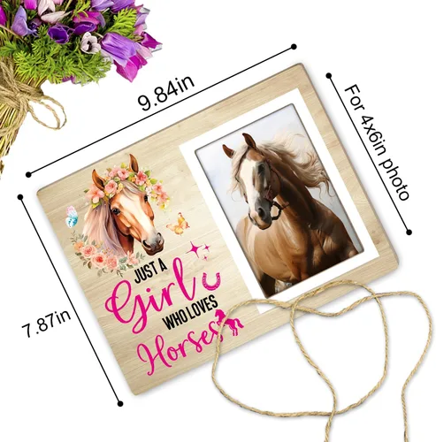 Vista 2 de Marco de fotos de caballo, casa de campo rústico, regalos de flores para amantes de los caballos, marco de fotos con texto en inglés "Just a Girl