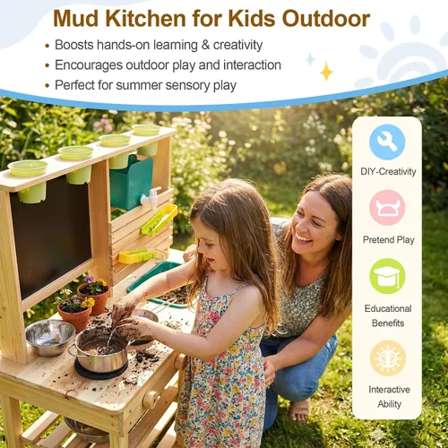 Vista 7 de Cocina de barro para niños al aire libre, juego de cocina de madera para niños pequeños con fregadero, utensilios de cocina, estufa, pizarra, grifo
