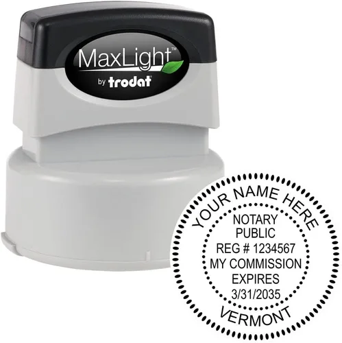 Vista 2 de MaxLight VT - Sello de notario para Notario Público de Vermont, sello de notario redondo, impresión de 1-5/8 pulgadas, disponible en 5