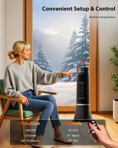 Vista 7 de Calentador de espacio para uso en interiores, calentador eléctrico PTC de 1500 W con control remoto, oscilación ancha de 75°, temporizador de 12