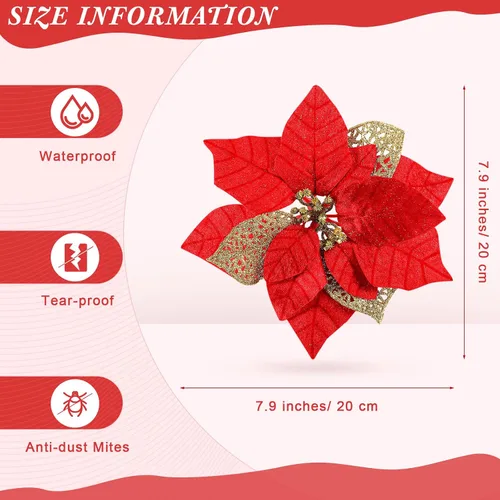 Vista 3 de 30 flores de Pascua artificiales de Navidad grandes de 8 pulgadas, para árbol de Navidad con purpurina, flores de imitación, guirnalda floral