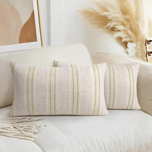 Vista 36 de AELS Fundas de Almohada Decorativas de Lino Estilo Granja de 16x16, Funda de Almohada con Textura Boho, Juego de 2, Beige con Rayas de Hilo Teñido