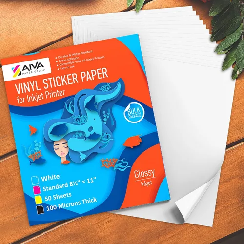 Vista 2 de Papel adhesivo de vinilo imprimible, papel de calcomanía impermeable para impresora de inyección de tinta, 50 hojas autoadhesivas, blanco brillante