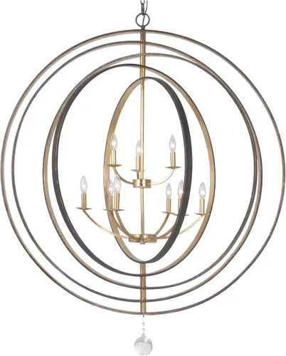 Vista 4 de Crystorama Luna - Candelabro de bronce inglés y oro antiguo con 9 luces, lámpara de techo - Candelabros para pasillo, sala de estar, vestíbulo