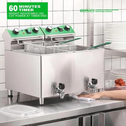 Vista 3 de NUPANT Freidora comercial de 25.3 cuartos de galón / 24 litros con filtración de aceite y temporizador, freidora eléctrica con 2 cestas y tapas