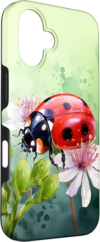 Vista 3 de Funda para iPhone 16 con diseño de mariquita en flores, color verde