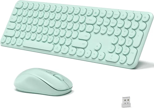 Vista 7 de Combo de teclado y mouse inalámbricos, 110 teclas silenciosas redondas, mouse óptico ajustable, 1 receptor USB, interruptor de alimentación
