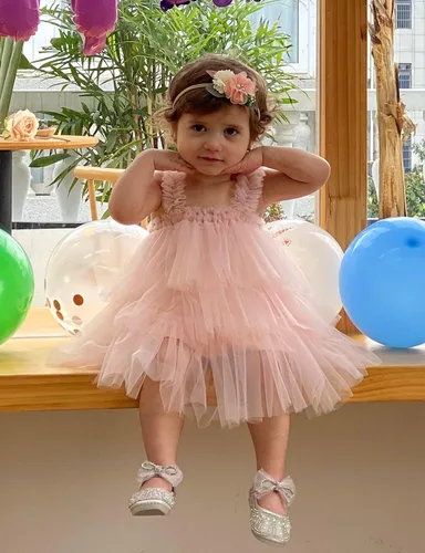 Vista 3 de Tutu Dreams Vestido tutú de 3 capas con volantes de tul para niñas pequeñas con diadema de flores Rosado