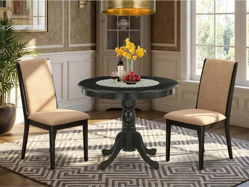 Vista 2 de East West Furniture ANLA3-ABK-47 - Juego de muebles de comedor de 3 piezas que contiene una mesa de cocina redonda con pedestal y 2 sillas