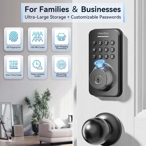 Vista 6 de Cerrojo de puerta de entrada sin llave Ulecoce con mango - WiFi incorporado, huella digital, control de aplicación y timbre, teclado electrónico