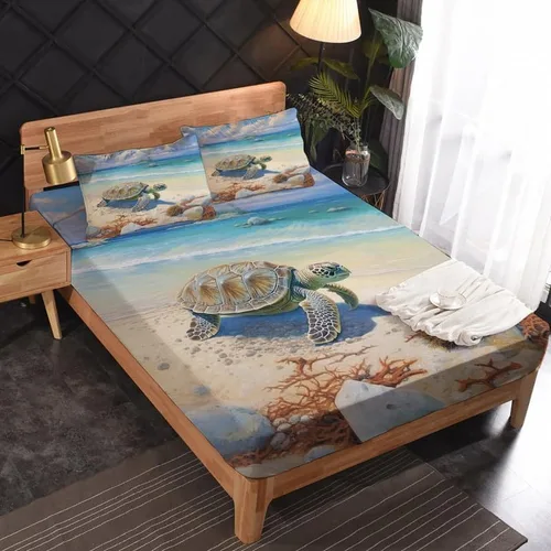 Vista 2 de Sábanas de tortuga marina tamaño Queen – Sábanas de microfibra suave con bolsillo profundo y patrón sin arrugas, 4 piezas