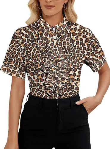 Vista 23 de Vrtige Women's Ruffle Front Collar Neck Button Down Short Sleeve Blouse Shirt Top