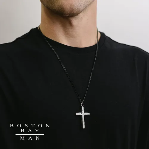 Vista 2 de Boston Bay Diamonds Men's Cross Pendant Necklace in Damascus 316L Stainless Steel on 24" Curb Chain, Elegant Choice of Colors for Fashion with Faith