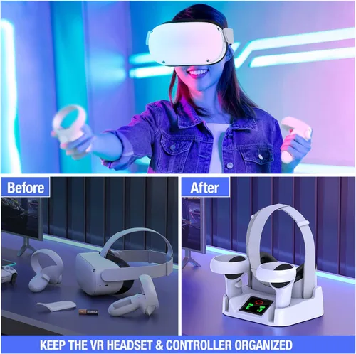Vista 7 de Kawaye Estación de carga para Meta Quest 2, estación de carga para auriculares y controlador Oculus Quest 2, base de carga rápida con 2