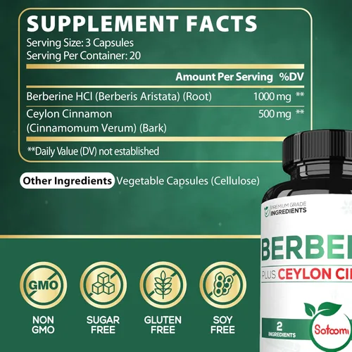 Vista 2 de Satoomi Suplemento de berberina de 1500 mg con canela de Ceilán, extra fuerte para el sistema inmunológico, la salud digestiva, el manejo del cuerpo