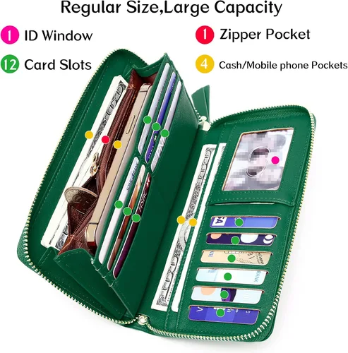 Vista 3 de Badiya Cartera para mujer con bloqueo RFID, soporte para tarjetas de crédito, de gran capacidad, con cierre de cuero, con cremallera alrededor