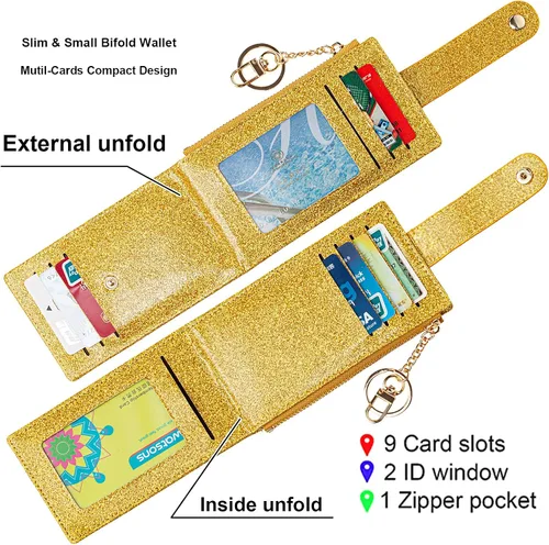 Vista 22 de Tarjetero delgado con bloqueo RFID, billetera de bolsillo pequeño, con cremallera Keychian para monedero, monedero y tarjetero para mujeres y hombres
